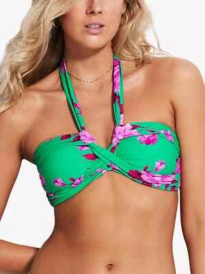 £24.95 • Buy Seafolly Bikini Top Size 12 Green Pink Rose Twist Bandeau Halter Neck RRP£45