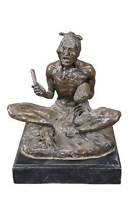 Vintage Jon Rubin Figural Bronze Indian Warrior Chief With Drum Marble Base 11  • $320