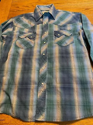 Vintage Rustler By Wrangler Men's Blue Plaid Western Pearl Snap Shirt - Size M • $9.99