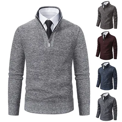 Mens Fleece Lined Jumper Tops Zipper V Neck Designer Winter Warm Sweater Shirt • £13.89