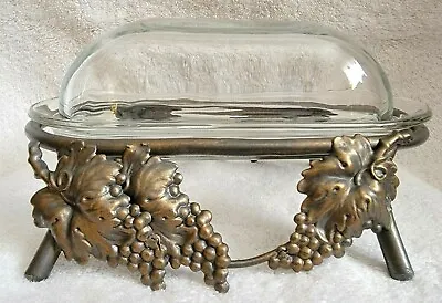 Glass Covered Butter Dish With Metal GREAP LEAF THEME Metal Stand  • $39