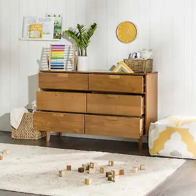 Mid Century Solid Wood 6 Drawer Double Dresser Storage Chest Bedroom Light Brown • $349.12