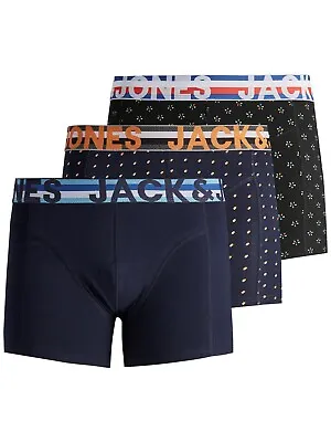 Jack & Jones Mens New 3 Pack Trunks Boxer Shorts Underwear Black Navy Patterned • £22.99