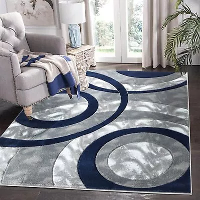 Area Rug Modern 5x7 Navy Circles Geometry Soft Hand Carved Contemporary Floor... • $99.87