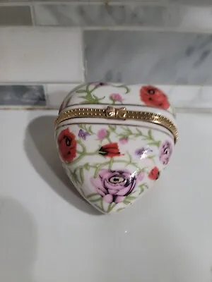 Trinket Jewelry Box Heart With Roses Gold Colored Strip Butterfly Porcelain • $6.99