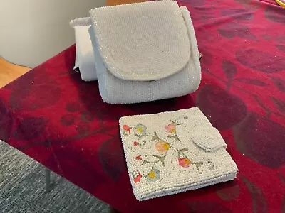 Vintage White Beaded Purse Wallet Handmade In Belgium + White Beaded Bag • $34.99