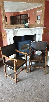 Stunning Antique Solid Oak Studded Leather Carver Chairs X2 • £170