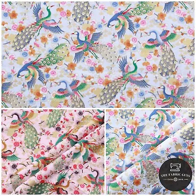 £5.25 • Buy 100% Cotton Ethnic Japanese Peacocks Floral Gold Foil Fabric 60  Top Quality