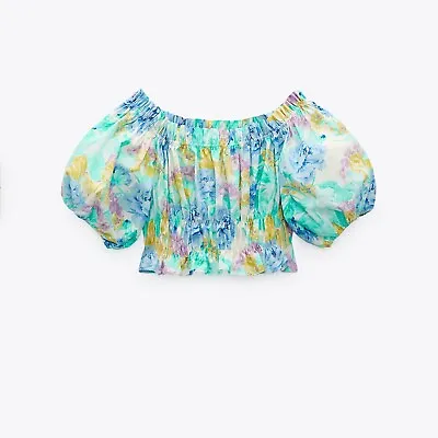 Zara Floral Printed Off The Shoulder Puff Sleeve Crop Top Size Small • $27.99