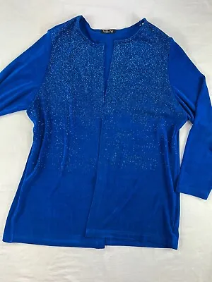 Vikki Vi Vintage Open Front Cardigan XL Blue Sparkles Rhinestone Sapphire • $20.99