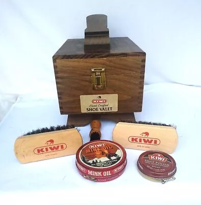 Vintage KIWI Hand Crafted Oak Valet Shoe Shine Kit 2 Brushes Polish Mink Oil • $36.49