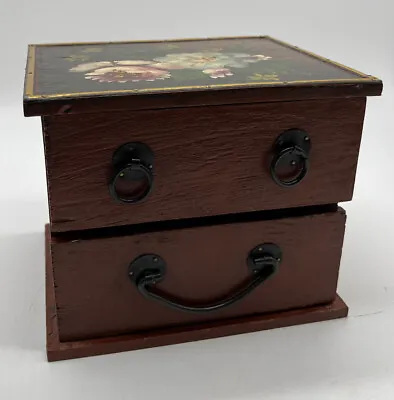 $52.83 • Buy Vintage Hand Painted 2 Drawer Wood Floral Jewelry Box Felt Lined Brass Accents