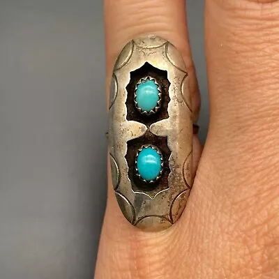 Vintage Navajo Turquoise Shadowbox Silver Ring Size 5.25 • $145