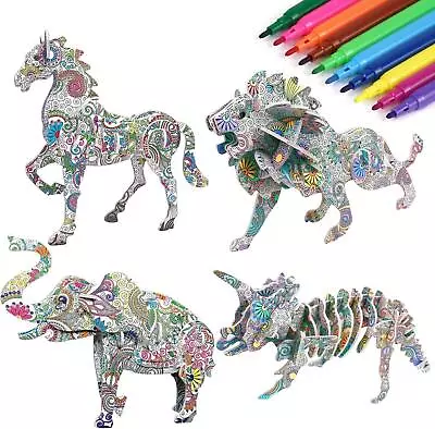 3d 4 Animal Colouring Puzzles Build & Colour Lion Horse Elephant & Dinosaur • £8.99