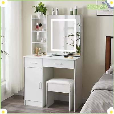 White Vanity Table With LED Lights Mirror Dressing Makeup Desk And Stool Set UK • £147.75