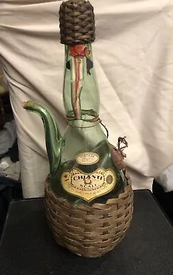 1963 Chanti Wine Bottle Decanter Wicker Blown Green Glass Ice Chamber Italy • $12