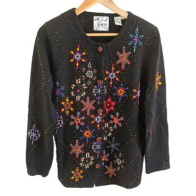 Michael Simon Beaded Multicolor Snowflake Christmas Holiday Cardigan Large • $64.97