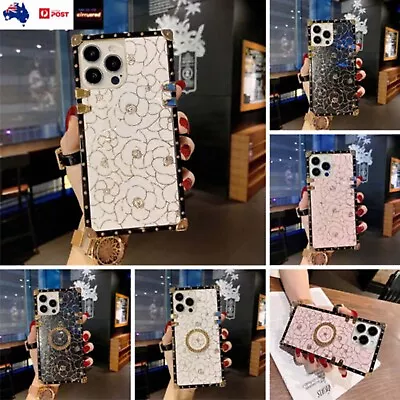 For IPhone 15 14 13 Pro 12 11 XS 78 Glitter Bling Gold Flower Square Case W/Ring • $10.33