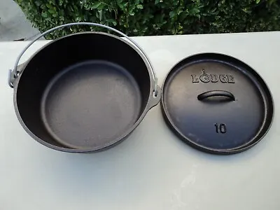 Vintage Large Lodge 10 Cast Iron Dutch Oven Pot With Lid And Legs Made In USA • $65