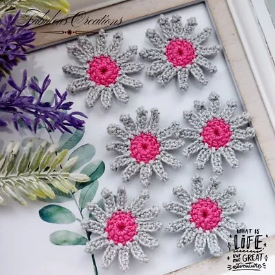 6 Handmade Crochet Daisy Flowers Grey Pink Applique Scrapbooking Sew Art & Craft • £5.19