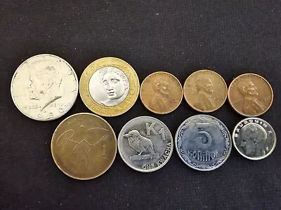 Lot (9) Vintage USA World Coin Collectible JFK HALF WHEAT BRAZIL GUATEMALA FRANC • $7.99