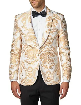 Mens Peach Paisley Brocade Print On Ivory Cream Jacquard Jacket Tailored Fit Wed • £149.99