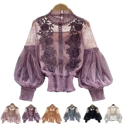 High Quality Women Blouse Tops Spring Summer Vintage Lace Puff Long Sleeve • $35.95