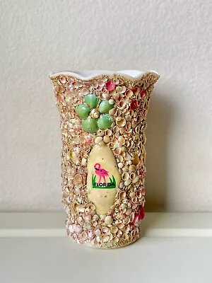 Vtg Shell Art Florida Souvenir Seashell Encrusted Hazel Atlas Milk Glass Vase • $24
