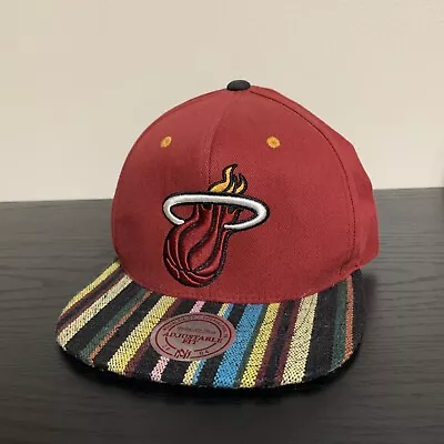 Miami Heat Hat Mitchell & Ness Snapback Adjustable Red Baja Striped Brim NBA • $0.99