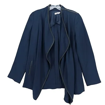 VINCE Dark Blue Woven Drape Open Front Jacket Leather Trim Size 6 MISSING BELT!! • $33.34