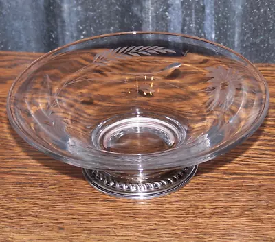 Engraved Flower & Wheat Glass Vtg Candy Dish W 925 Sterling Silver Footed Base • $24.99