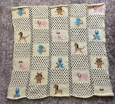 Vintage Crochet Knit Animals Baby Blanket Yellow Handmade Crib Nursery 36 X 38” • $19.99