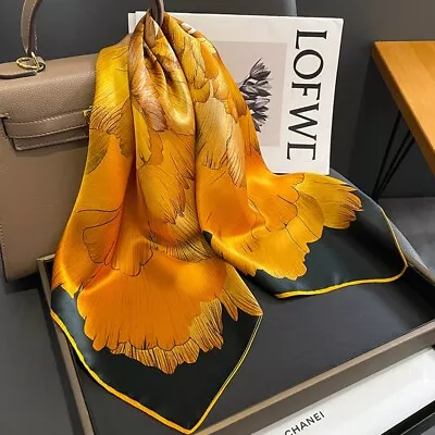 100% Mulberry  Silk 27  Square Scarf Women Neckerchief Wrap Floral Yellow Flower • $13.51