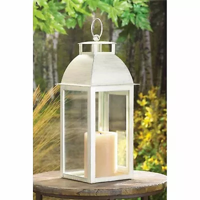 Metal Glass Silver Distressed Ivory Serene Candleholder Lantern • $36.24