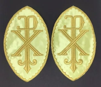 Vintage PX Gold On Yellow Cross Emblems Embroidered Vestment Altar 2 Pcs. • $32