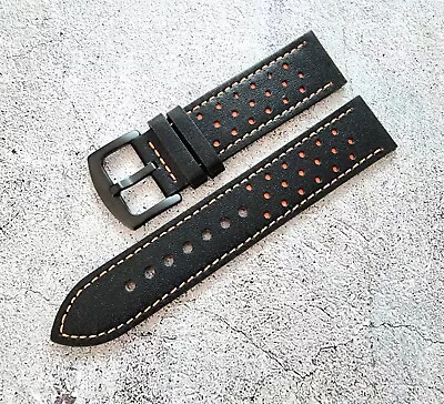 £5.95 • Buy Perforated Rally Leather Watch Strap Band Orange Stitch Quick Release Pins 22mm 