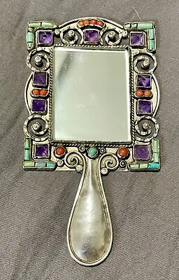 Matl Salas  Mexico Sterling Silver Turquoise Coral Amethyst Hand Mirror • $198.46