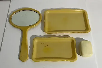 Vintage 4 Piece Yellow Bakelite MCM Vanity Set.  Mirror Trays Soap Dish • $15