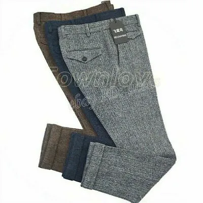 Men Herringbone Tweed Pants Wool Blend Straight Leg Trousers Casual Slim Fit • $50.99