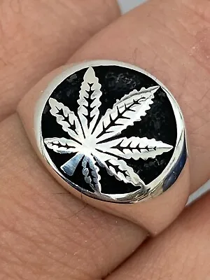 Mens Real Solid 925 Sterling Silver Marijuana Weed 420 Cannabis Ring Sz 7-13 • $37.33