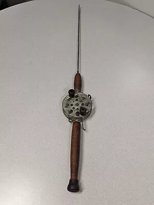 Vintage - WOOD HANDLE And Reel  Combo Rod And Reel 36” • $49.75