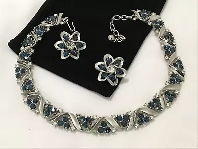 TRIFARI Necklace Earrings Blue Rhinestones Swirl Silver Tone Vintage • $35