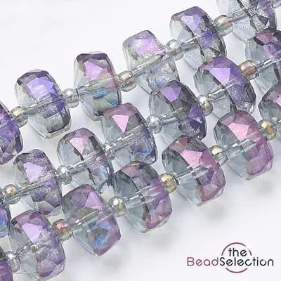 20 FACETED GLASS RONDELLE BEADS 8mm X 5mm PURPLE AB RAINBOW DROP PENDANT GLS145 • £3.49