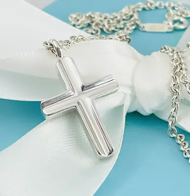 21 Inch Tiffany Mens Unisex Cross Large Link Necklace In Concave Sterling Silver • $450