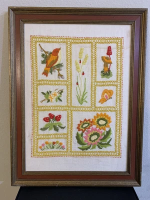 $11.50 • Buy Birds Flowers And Mushrooms Crewel, Cross Stitch, Embroidery Framed Finished VTG