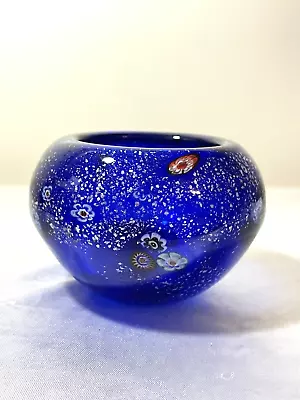 Vintage Hand Blown Cobalt Blue Millefiori Art Glass Bowl • $40.45