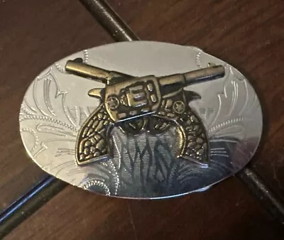 Vintage Etched Silver Tone Belt Buckle With Crossed Guns / Western Pistols • $10