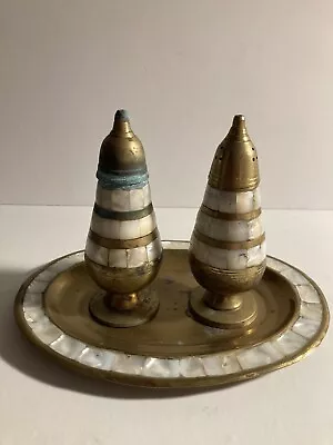 Vintage Brass Mother Of Pearl Footed India Salt And Pepper Shakers Tray Brass UK • $17