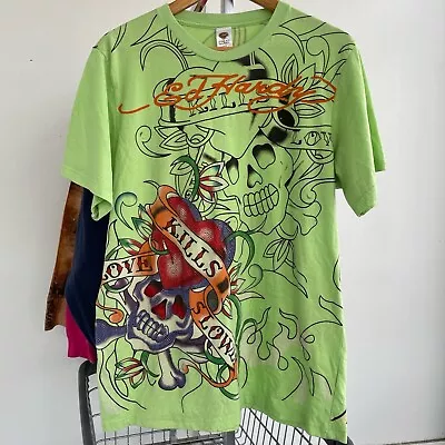 Vintage Y2K Neon Green Ed Hardy All Over Print Shirt • $50