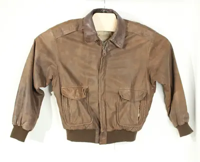 Vintage Winlit Leather Jacket Brown Distressed Bomber Biker World Map Inner Sz M • $41.25